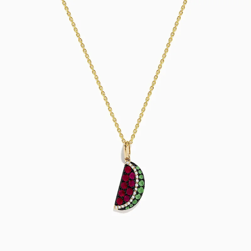 custom engraved name necklace-Novelty 14K Yellow Gold Ruby, Tsavorite and Diamond Watermelon Pendant