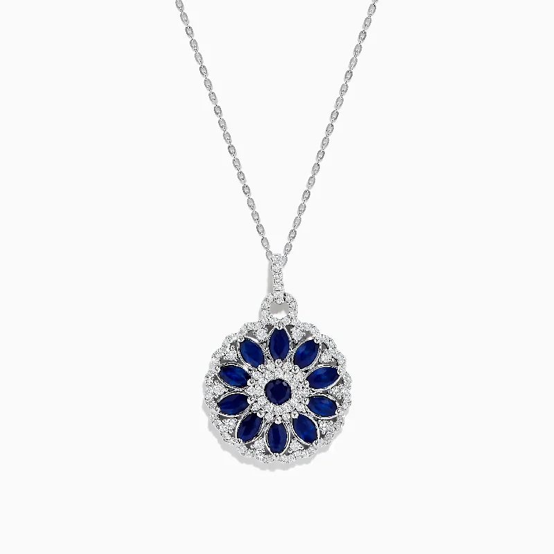 layered charm necklace-Royale Bleu 14K White Gold Sapphire and Diamond Pendant