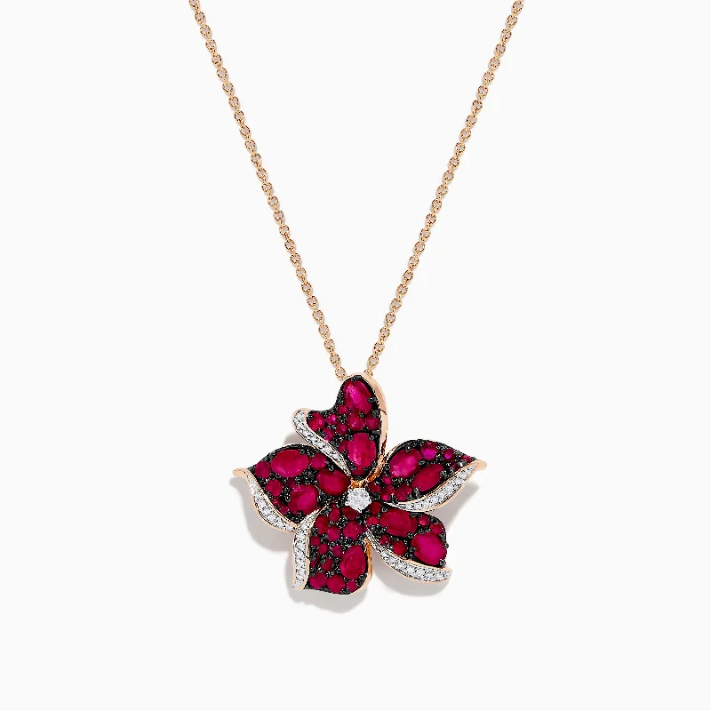 personalized nameplate necklace-Ruby Royale 14K Rose Gold Ruby and Diamond Flower Pendant