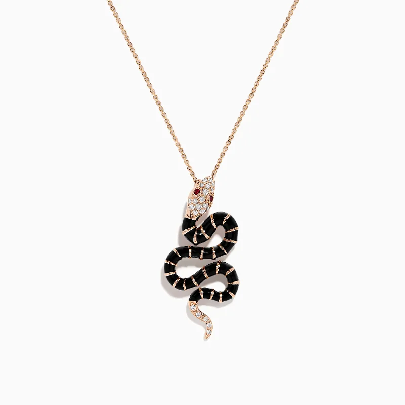 crystal gold necklace-Safari 14K Rose Gold Diamond, Ruby, and Enamel Snake Pendant