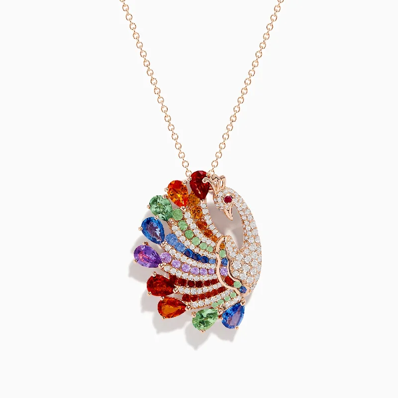 heart-shaped pendant necklace-Safari 14K Rose Gold Multi Sapphire and Diamond Peacock Pendant