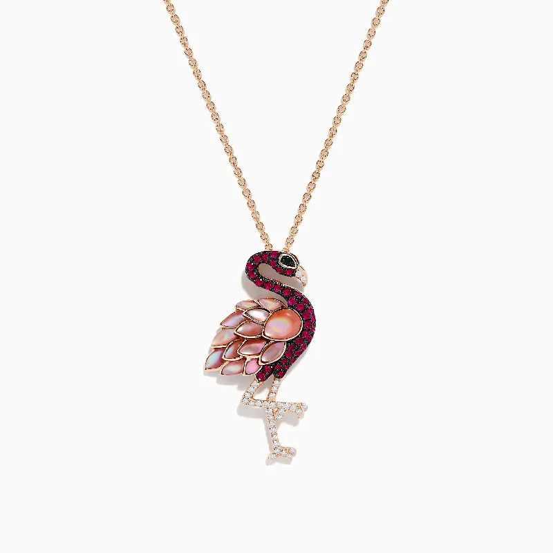 vintage charm necklace-Safari 14K Rose Gold Ruby and Diamond Flamingo Pendant