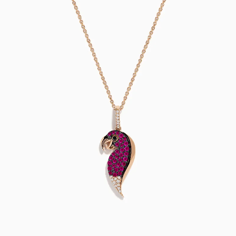 silver statement necklace-Safari 14K Rose Gold Ruby, White and Black Diamond Parrot Pendant