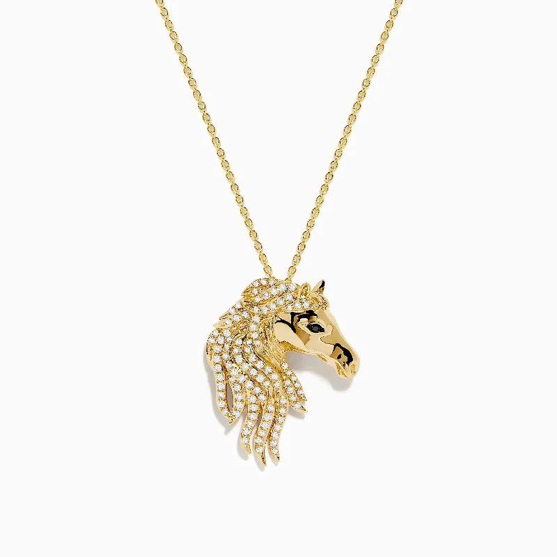 vintage round pendant necklace-Safari 14K Yellow Gold Diamond,Black Diamond Horse Pendant