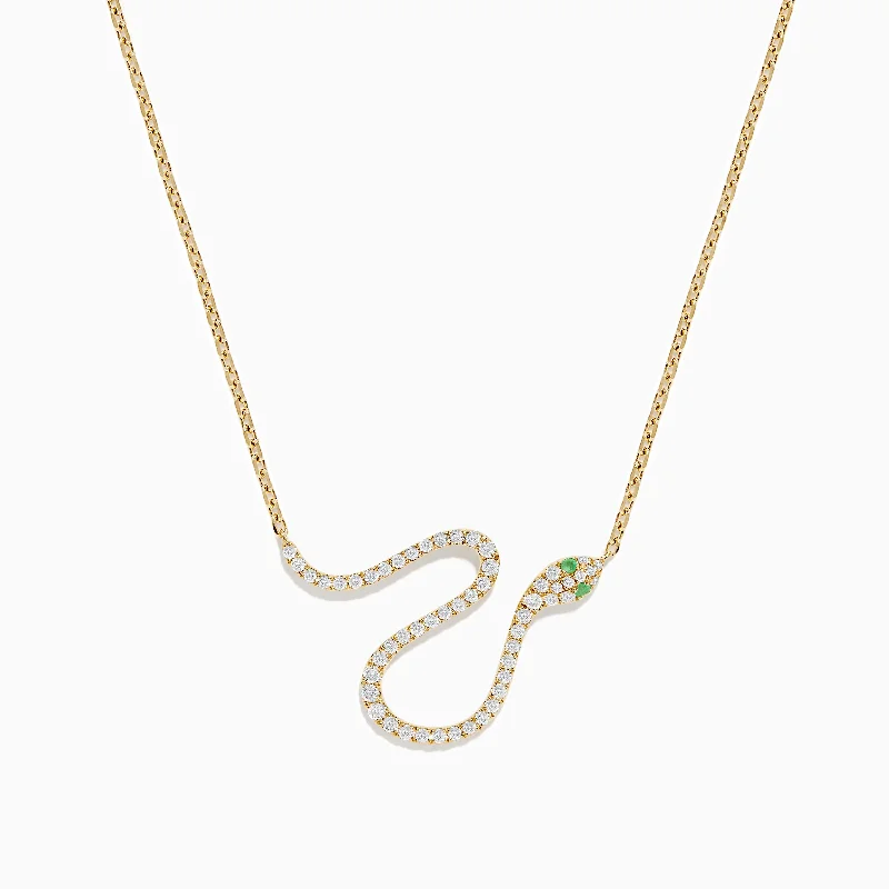 vintage round pendant necklace-Safari 14K Yellow Gold Emerald and Diamond Snake Necklace