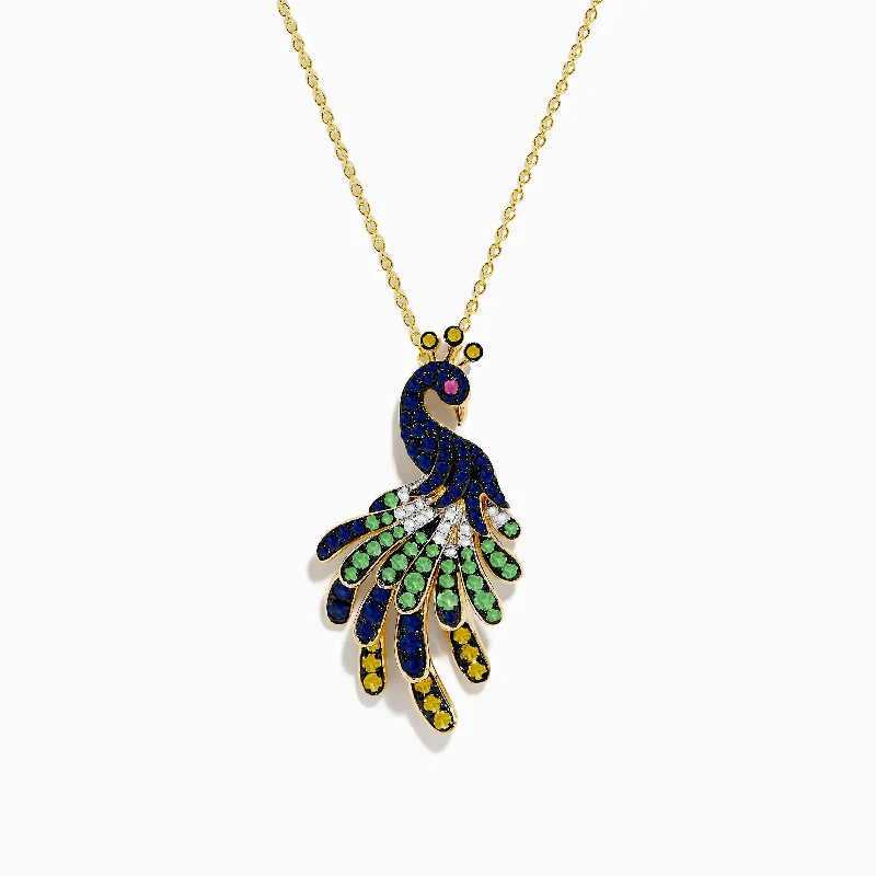 heart shaped choker necklace-Safari 14K Yellow Gold Multi Color Sapphire and Diamond Peacock Pendant