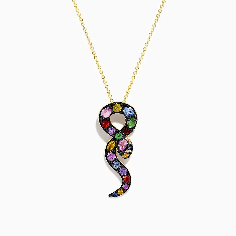 personalized crystal necklace-Safari 14K Yellow Gold Multi Sapphire and Diamond Snake Pendant