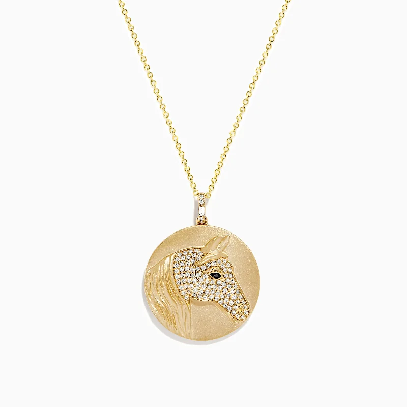 silver drop necklace-Safari 14K Yellow Gold White and Black Diamond Horse Pendant