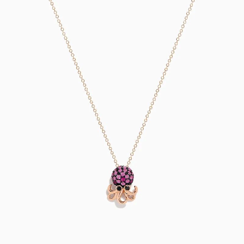 engraved bar pendant necklace-Seaside 14K Rose Gold Pink Sapphire and Black Diamond Octopus Pendant