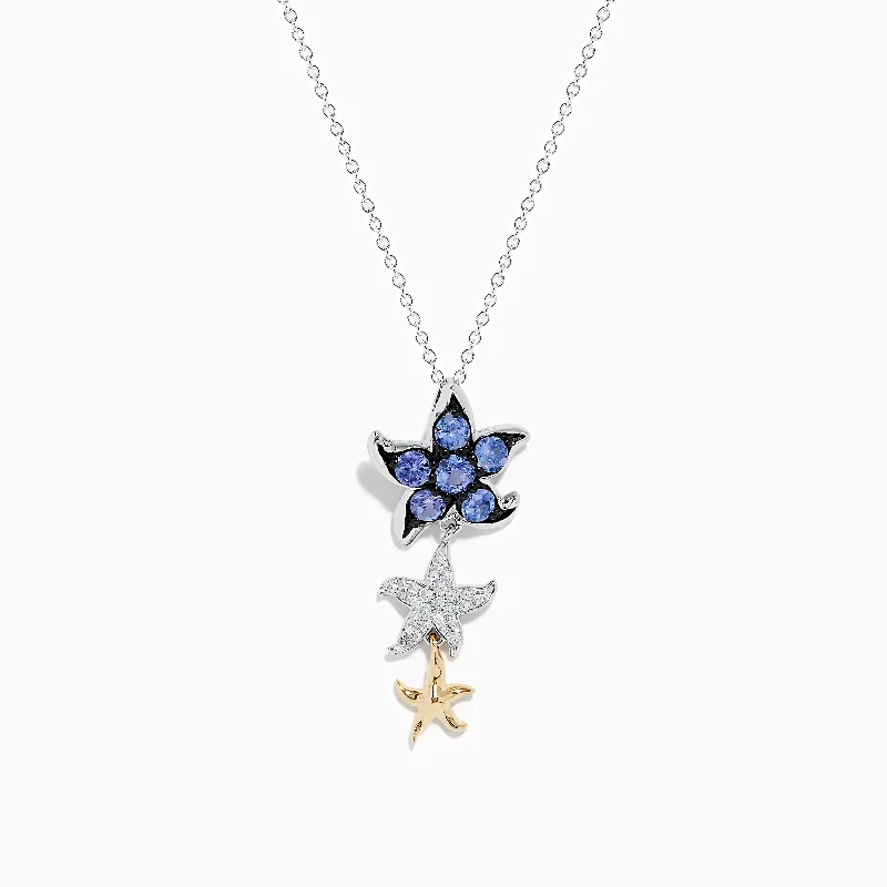 sterling silver moon necklace-Seaside 14K Two-Tone Gold Tanzanite and Diamond Starfish Pendant