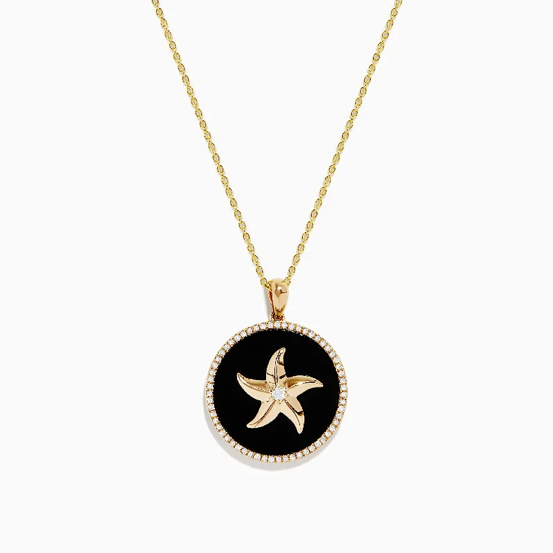 birthstone charm pendant necklace-Seaside 14K Yellow Gold Black Agate and Diamond Starfish Pendant