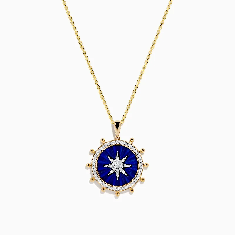 personalized gold necklace with name-Seaside 14K Yellow Gold Lapis and Diamond Compass Pendant