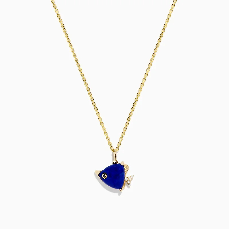 custom wedding necklace-Seaside 14K Yellow Gold Lapis and Diamond Fish Pendant