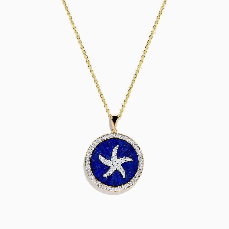 handmade gold pendant necklace-Seaside 14K Yellow Gold Lapis and Diamond Starfish Pendant