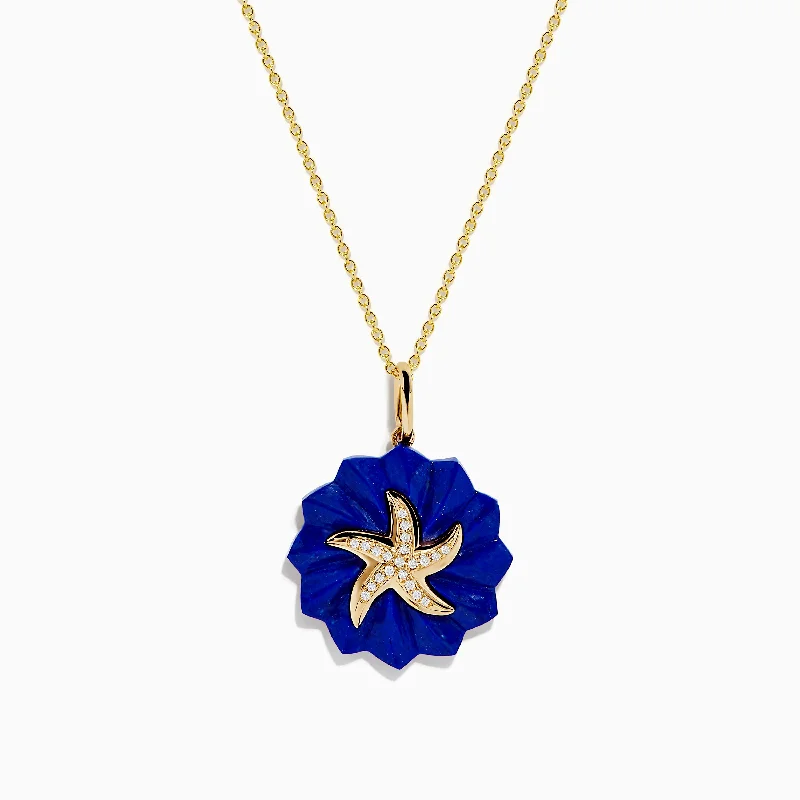 simple charm chain necklace-Seaside 14K Yellow Gold Lapis and Diamond Starfish Pendant