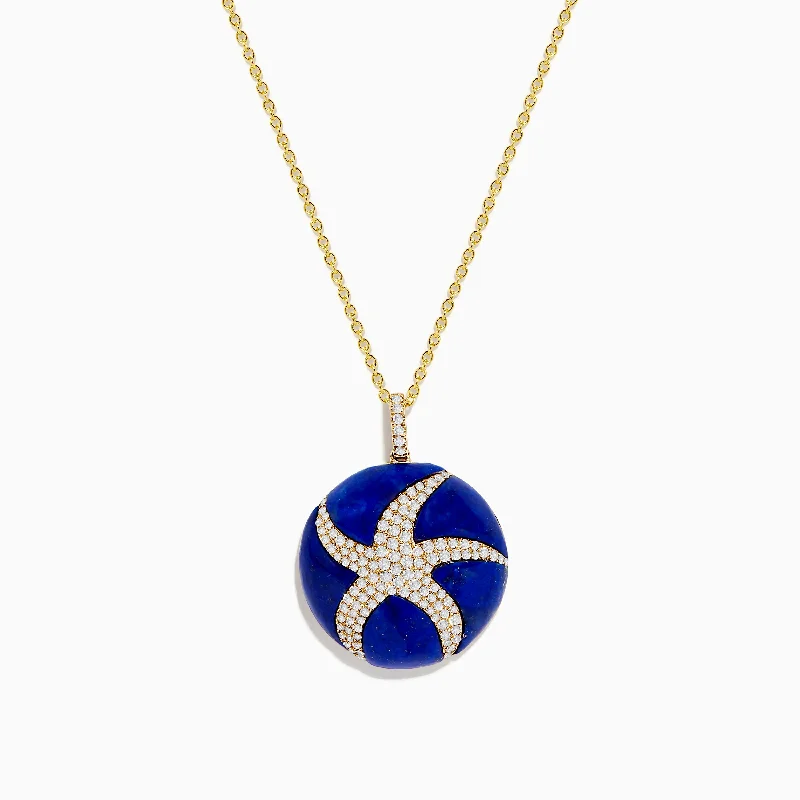 rose gold pendant necklace for women-Seaside 14K Yellow Gold Lapis and Diamond Starfish Pendant