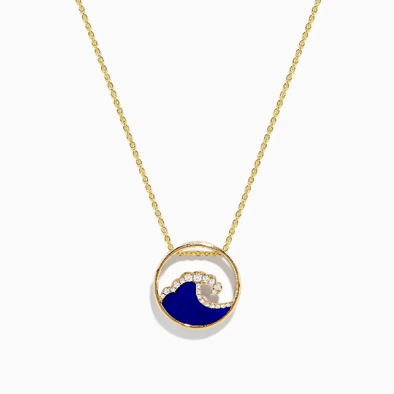 sterling silver bar necklace-Seaside 14K Yellow Gold Lapis and Diamond Wave Pendant