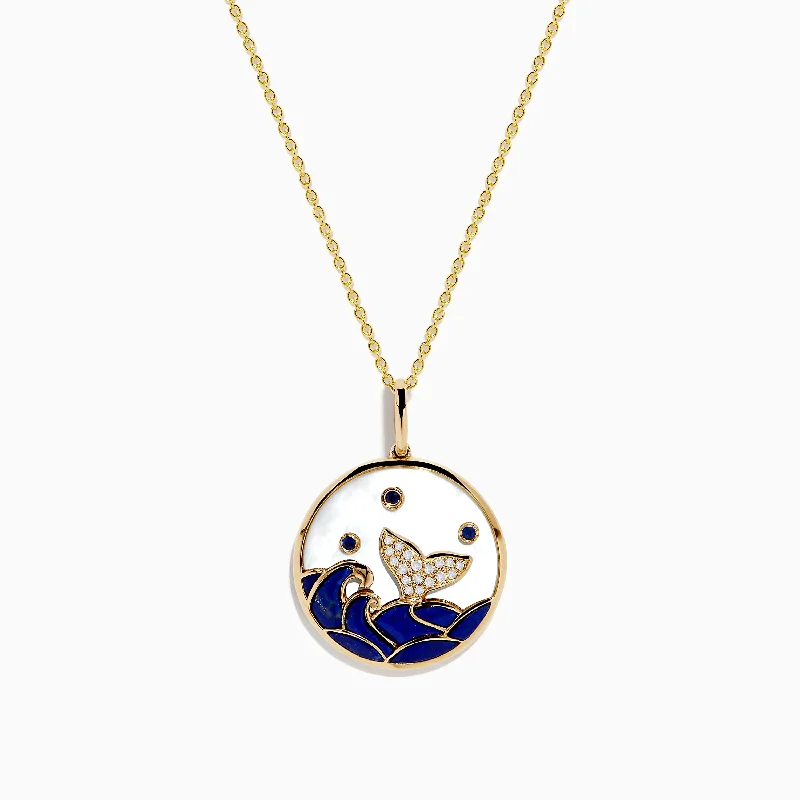 classic pearl necklace-Seaside 14K Yellow Gold Lapis, Mother of Pearl, Sapphire and Diamond Pendant