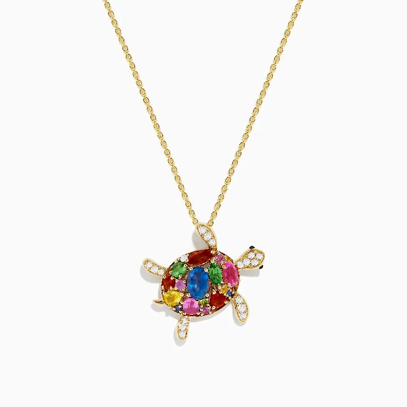 women’s lucky charm necklace-Seaside 14K Yellow Gold Multi Sapphire and Diamond Turtle Pendant