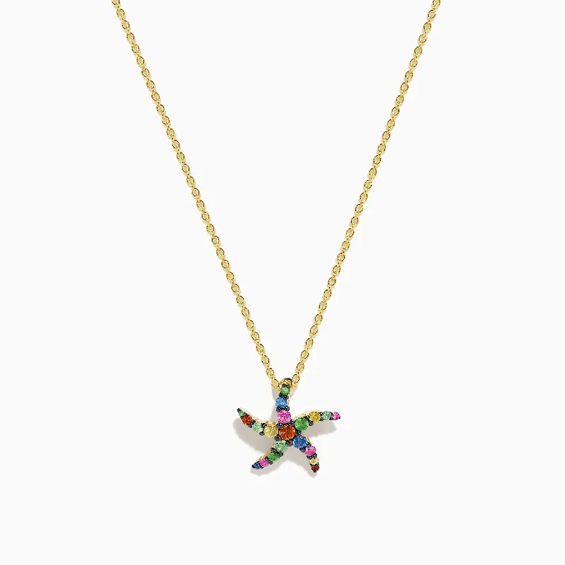 opal stone necklace-Seaside 14K Yellow Gold Multi Sapphire Starfish Pendant