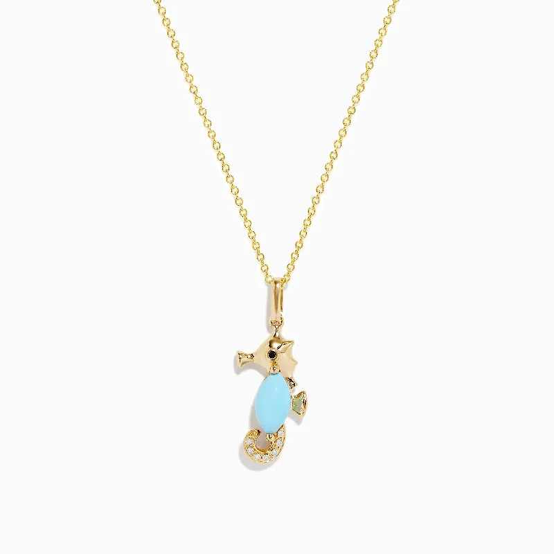 mother’s love necklace-Seaside 14K Yellow Gold Turquoise and Diamond Seahorse Pendant