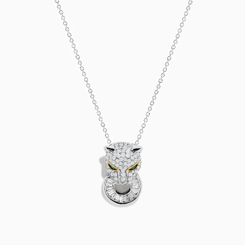 gold engraved necklace-Signature 14K White Gold Diamond and Emerald Panter Pendant