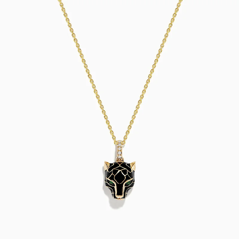 retro style necklace-Signature 14K Yellow Gold Emerald and Diamond black Enamel Panther Pendant