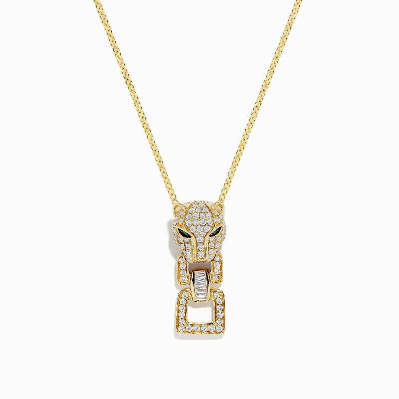 men’s vintage pendant necklace-Signature 14K Yellow Gold Emerald and Diamond Panther Pendant