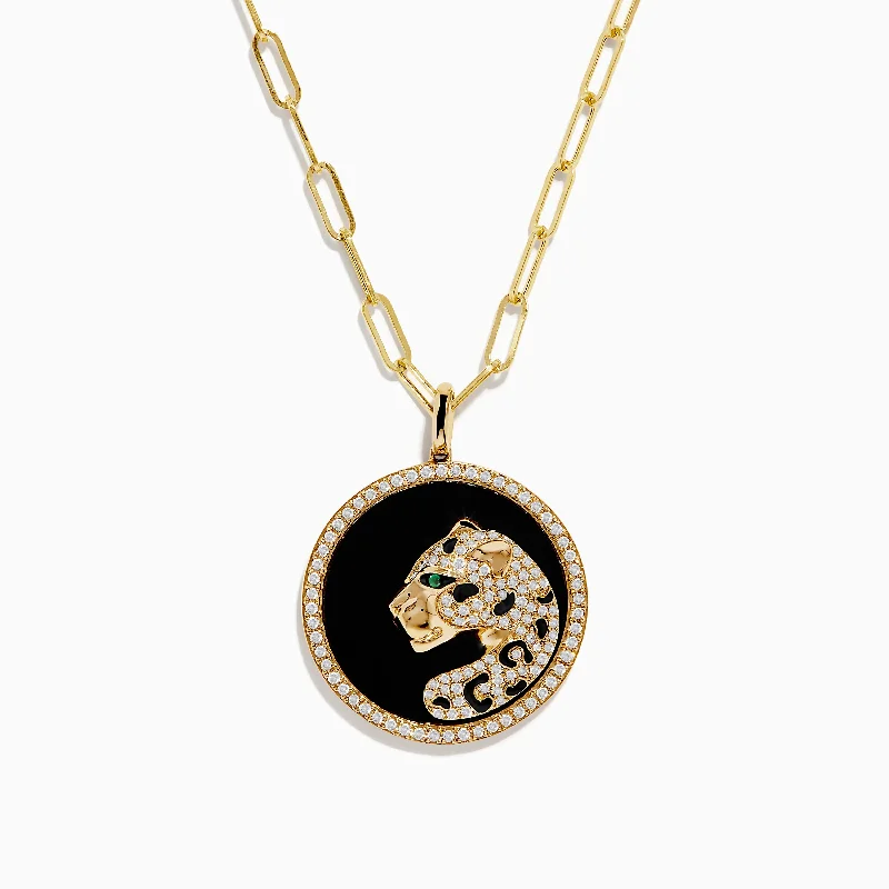 vintage style charm necklace-Signature 14K Yellow Gold Onyx, Diamond and Emerald Panther Pendant