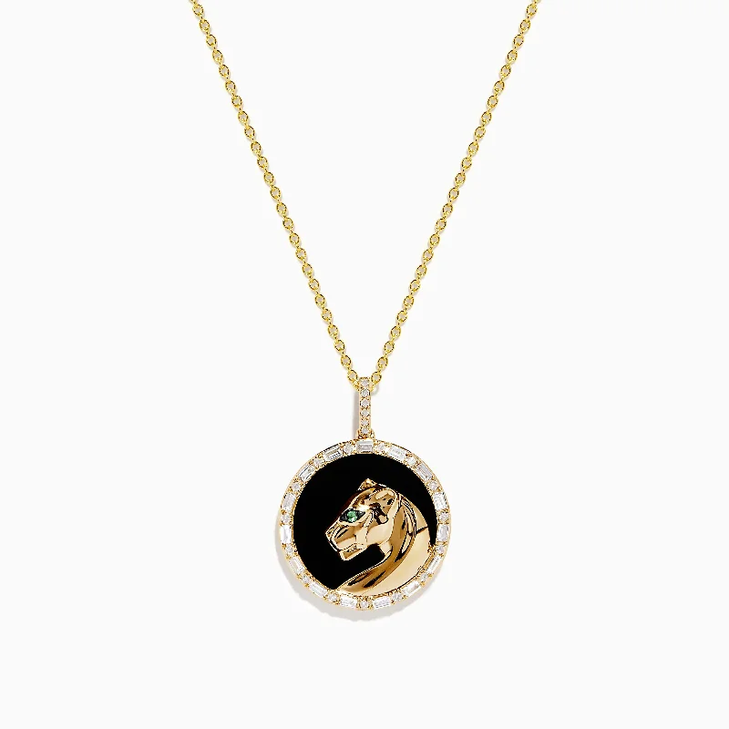 silver name necklace-Signature 14K Yellow Gold Onyx Emerald and Diamond Panther Pendant