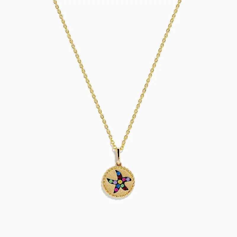 dainty initial charm necklace-Water Colors 14K Yellow Gold Multi Sapphire Starfish Pendant