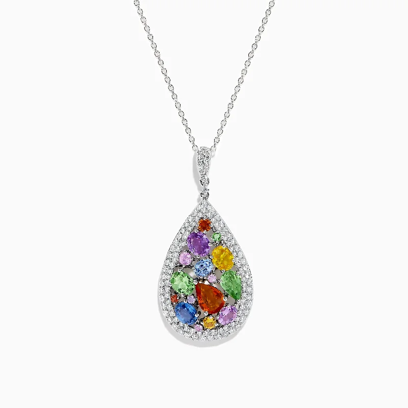 sterling silver chain pendant necklace-Watercolors 14K White Gold Multi Sapphire Diamond Pendant