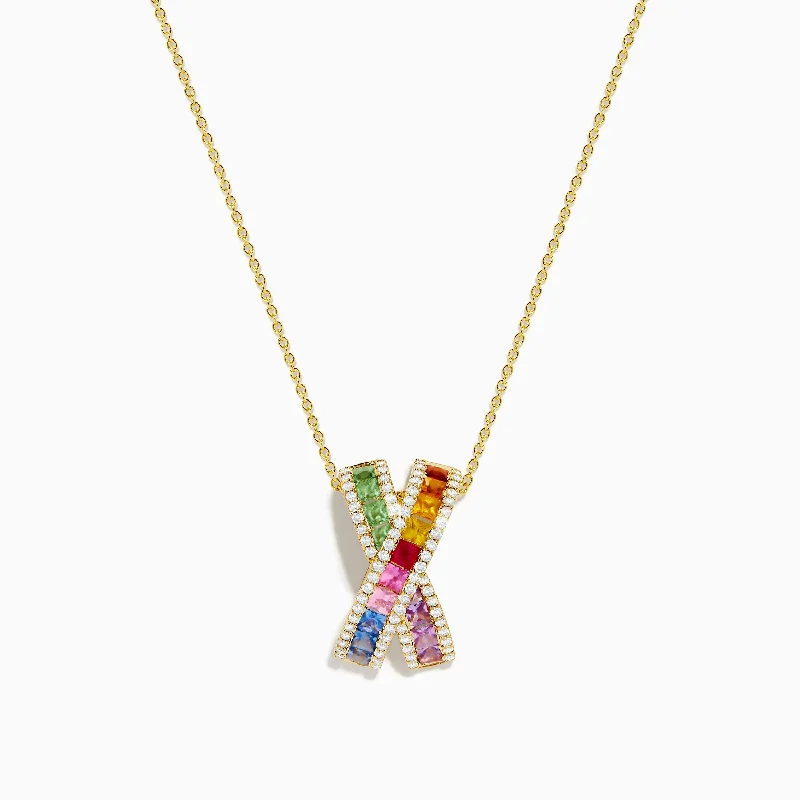 layered pendant chain necklace-Watercolors 14K Yellow Gold Diamond Multi Color Sapphire X Pendant