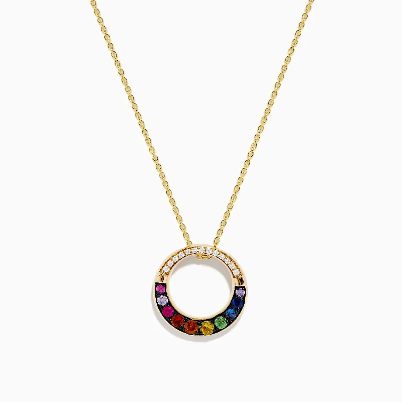 handmade crystal necklace-Watercolors 14K Yellow Gold Multi Sapphire and Diamond Circle Pendant