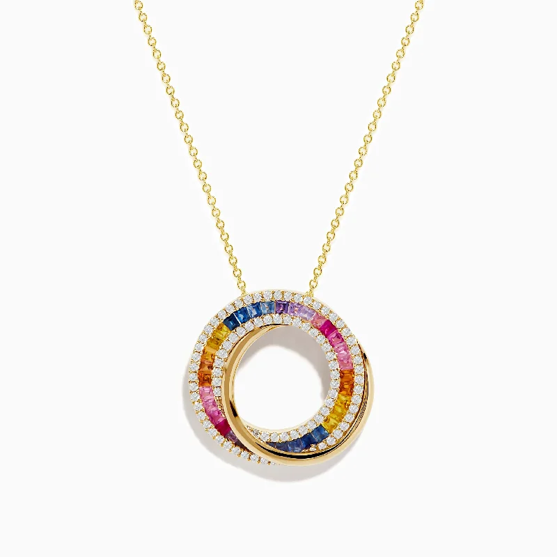 sterling silver heart necklace-Watercolors 14K Yellow Gold Multi Sapphire and Diamond Circle Pendant