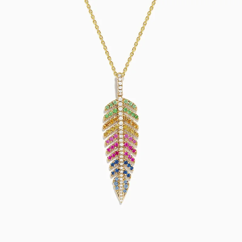 delicate layered necklace-Watercolors 14K Yellow Gold Multi Sapphire and Diamond Leaf Pendant