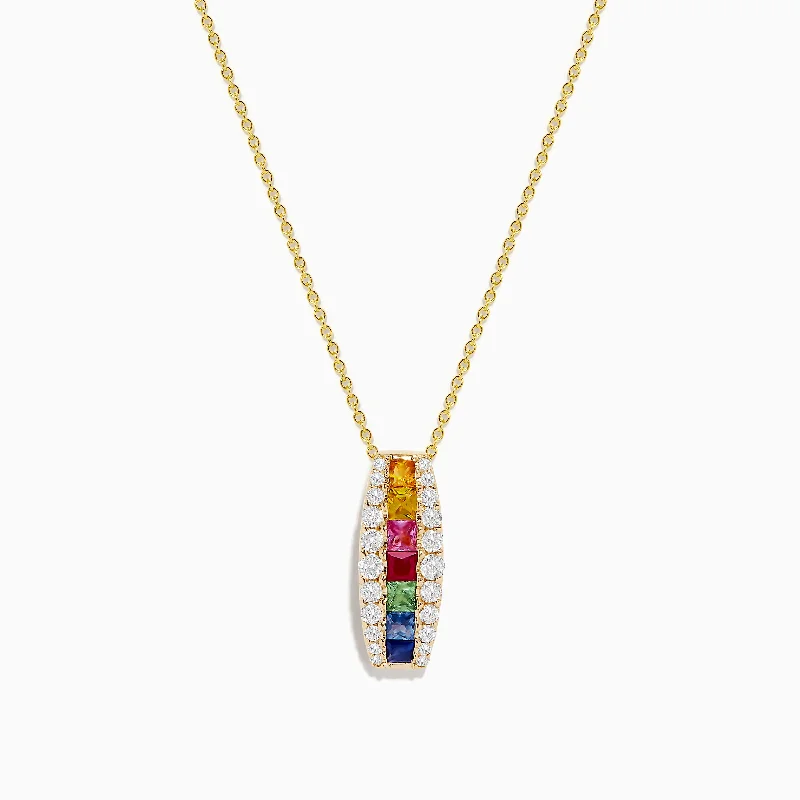 men’s custom pendant necklace-Watercolors 14K Yellow Gold Multi Sapphire and Diamond Pendant