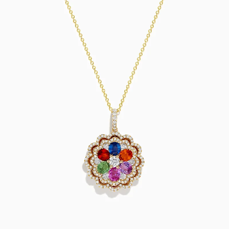 hand-crafted silver necklace-Watercolors 14K Yellow Gold Multi Sapphire and Diamond Pendant