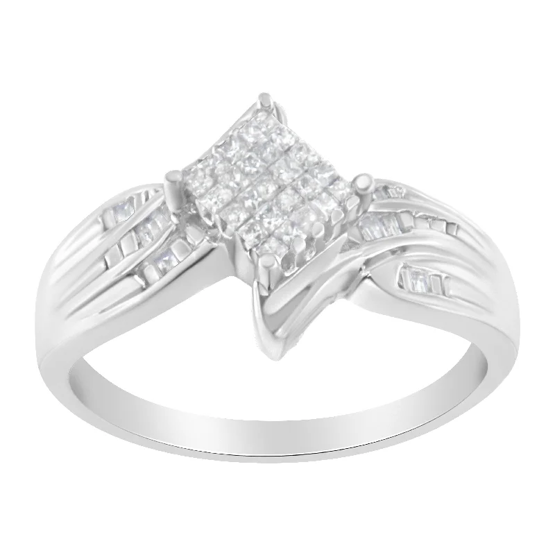 designer wedding rings for women-10K White Gold 1/3 Cttw Princess and Baguette Cut Diamond Bypass Style Cocktail Ring