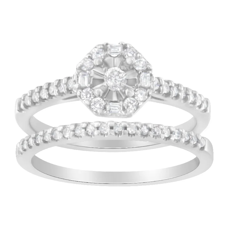 simple engagement rings for women-10K White Gold Diamond Engagement Ring and Wedding Band Set