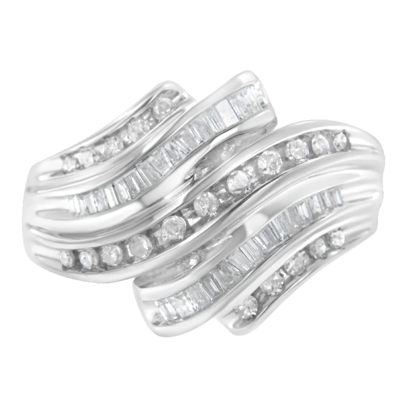 wedding rings for petite hands-10K White Gold Round and Baguette Cut Diamond Channel Ring