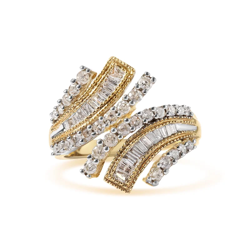 yellow gold engagement rings for women-10K Yellow Gold 1.0 Cttw Round and Baguette Diamond Woven Bypass Ring