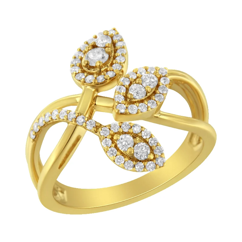 custom-designed engagement rings-10K Yellow Gold 1/2 Cttw Round-Cut Diamond Layered Crossover Triple Leaf Bypass Ring