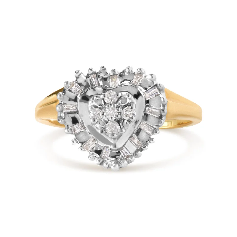 affordable diamond wedding rings-10K Yellow Gold 1/4 Cttw Round and Baguette cut Diamond Heart Shape Ballerina Ring