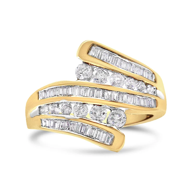 men’s wedding bands with diamonds and sapphires-10K Yellow Gold 1 Cttw Round and Baguette-Cut Diamond Multi Row Bypass Ring Band