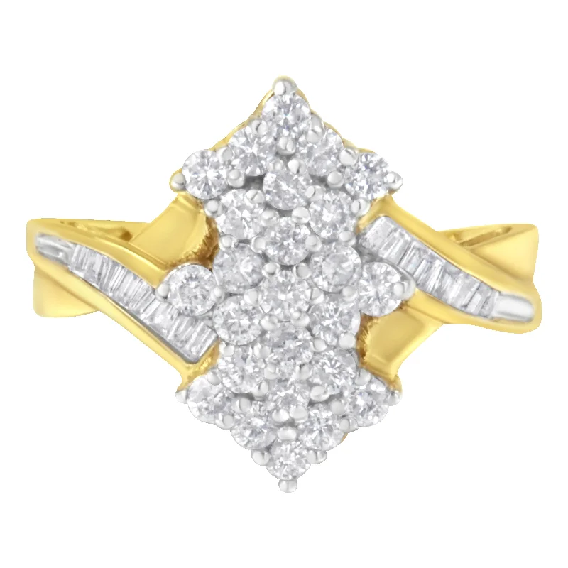 women’s diamond rings with emeralds-10K Yellow Gold Round And Baguette Cut Diamond Cluster Ring