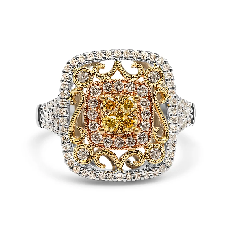 women’s custom wedding rings with engravings-14K Tri-Toned Gold 1.00 Cttw Yellow Diamond Halo and Milgrain Cocktail Cluster Ring