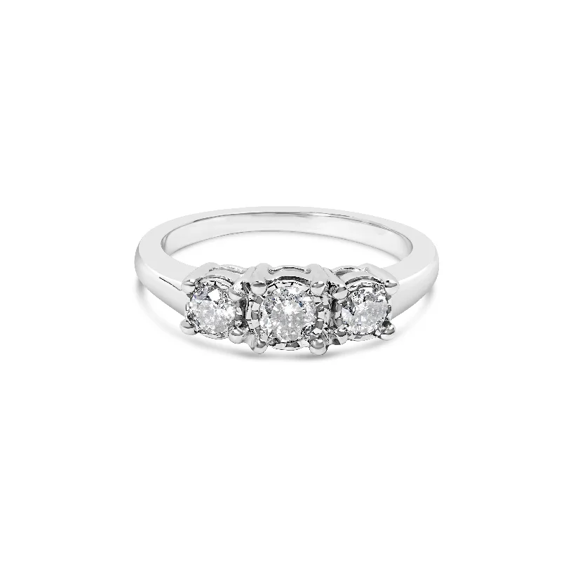 custom rings with engravings-14K White Gold 1/2 Cttw Miracle Set Round Lab Grown Diamond Three Stone Illusion Plate Ring