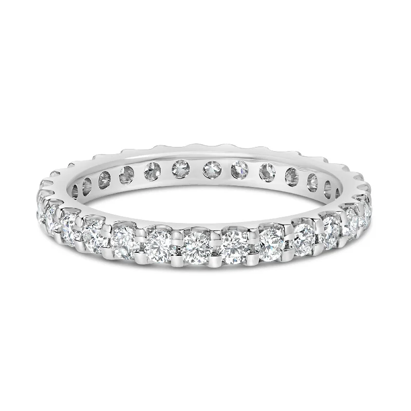 men’s wedding rings with wood inlays-14K White Gold Shared Prong Set Round Diamond Eternity Band Ring