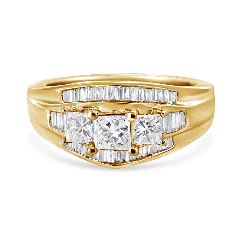 best engagement rings for women-14K Yellow Gold 1 1/2 Cttw Princess and Baguette-Cut Diamond 3-Stone Ring